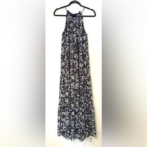 Loft Navy Floral Tiered High Neck Sleeveless Maxi Dress